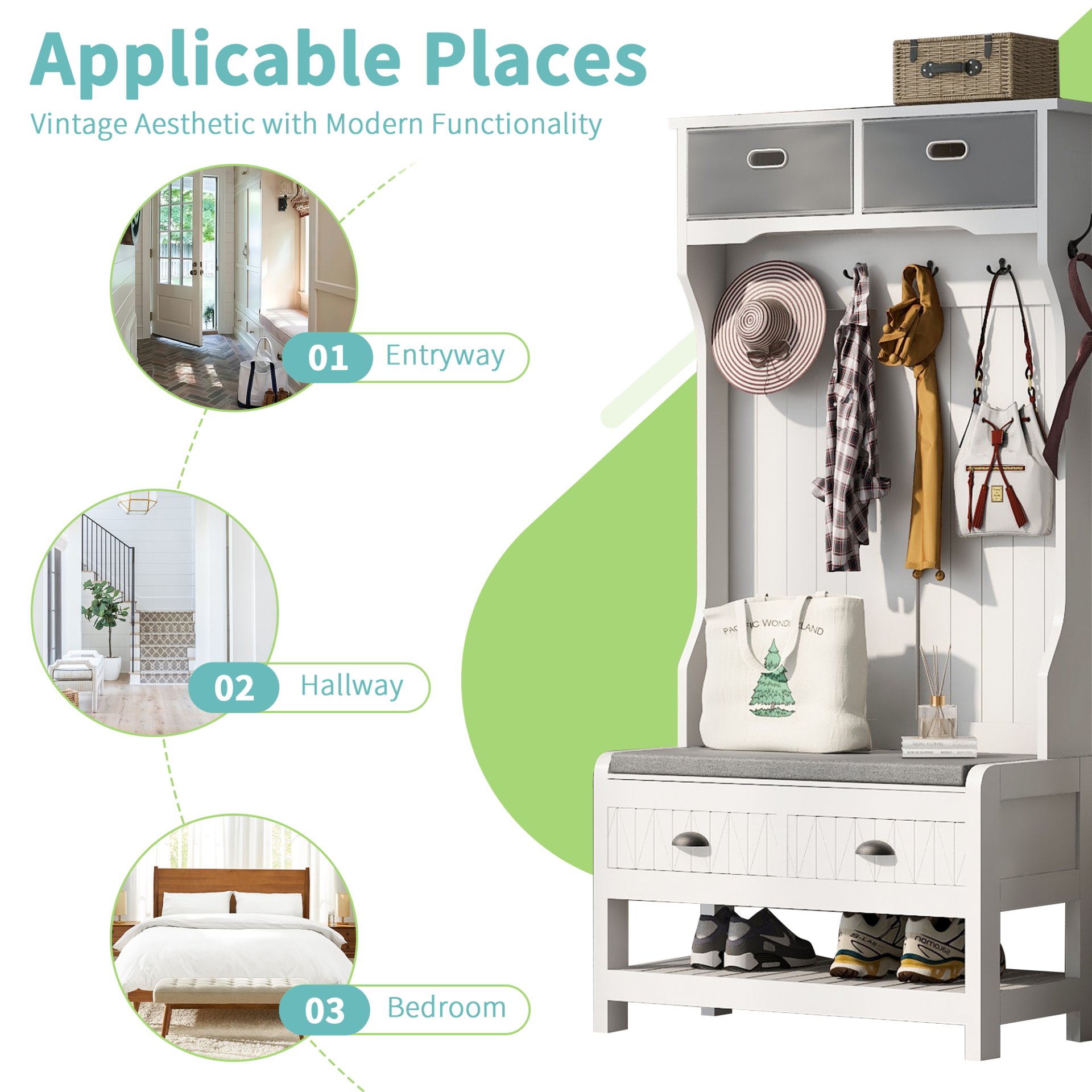 Hall Tree With 6 Hooks And Hinged Lid, Coat Hanger, Entryway Bench, Storage Bench, 3 In 1 Design, For Entrance, Hallway - White - Image 6