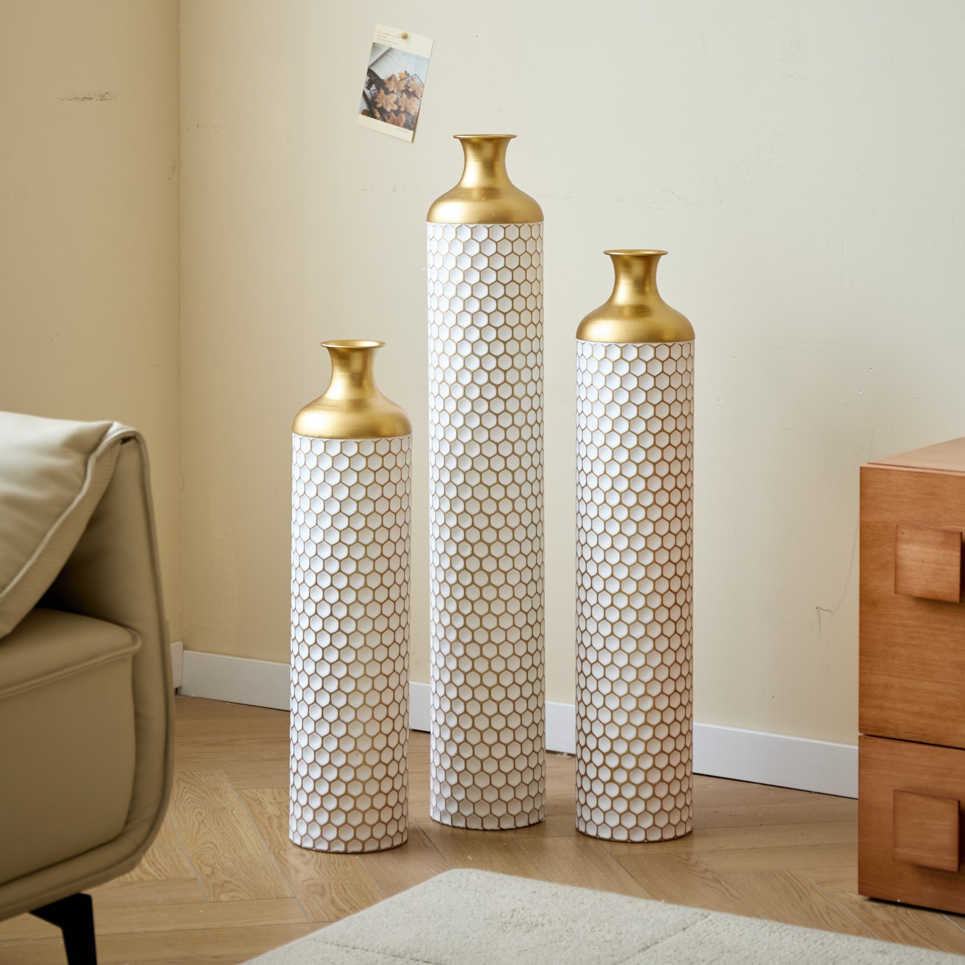 3 Piece Set Gorgeous Home Decoration Large Glazed Floor Vase Decoration Home Droplet Shaped - Gold / White - Image 21