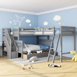 Twin Over Full L Shaped Bunk Bed & 3 Drawers, Ladder And Staircase - Gray