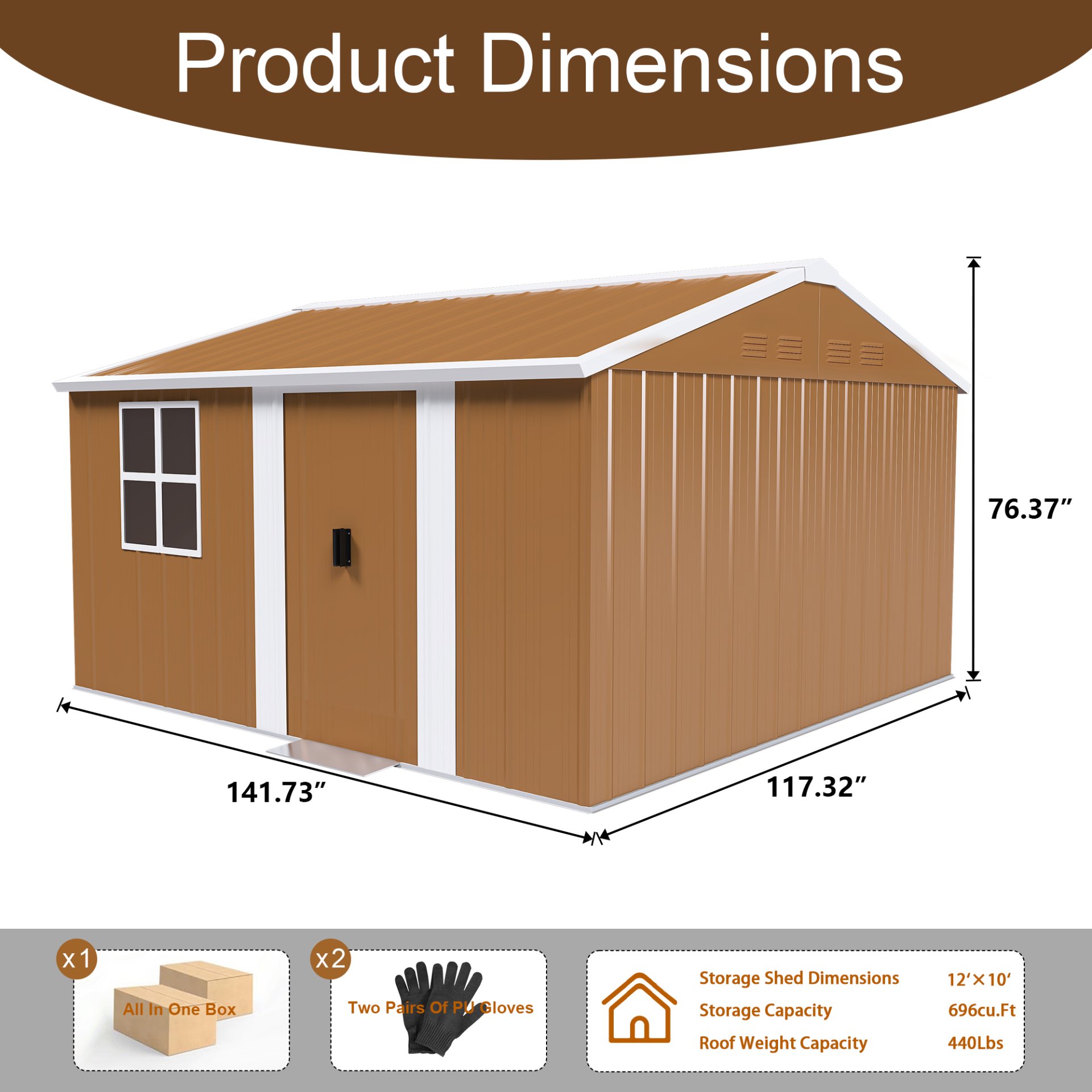 Heavy Duty Storage Shed With Windows, Lockable Door & Ventilation - Brown - Image 3