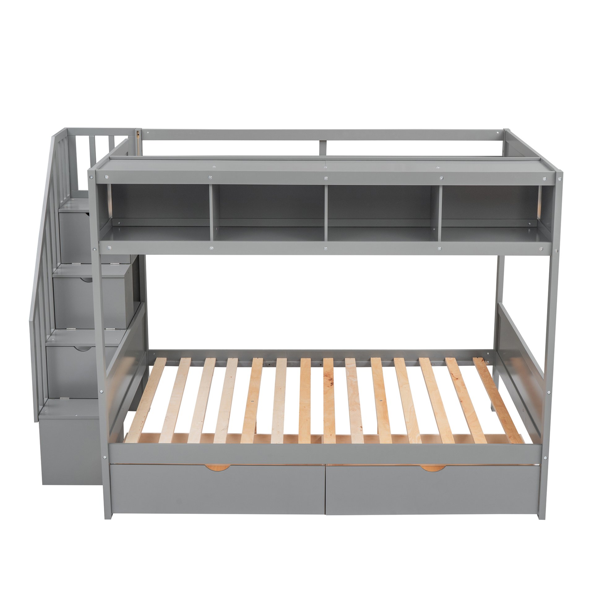 Twin Over Full Bunk Bed With Shelfs, Storage Staircase And 2 Drawers - Gray - Image 5