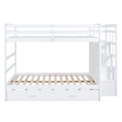 Full Over Full Bunk Bed With Twin Size Trundle And Staircase - White