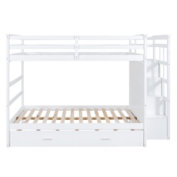 Full Over Full Bunk Bed With Twin Size Trundle And Staircase - White