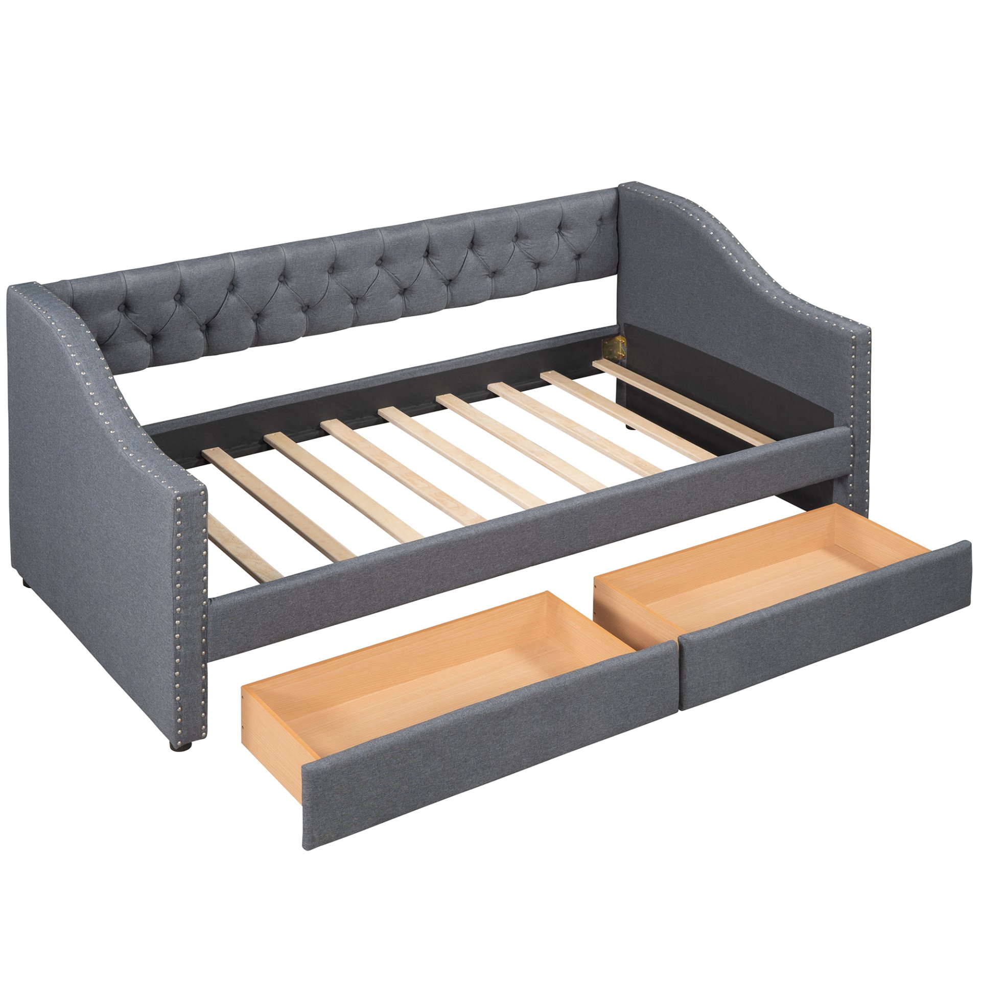 Twin Size Upholstered Daybed With Two Drawers, Slat Support - Gray - Image 6