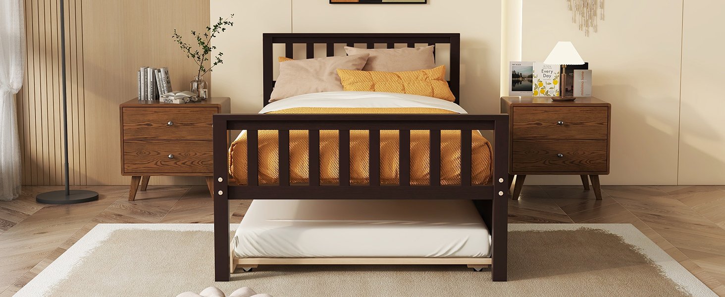 Twin Bed With Trundle, Platform Bed Frame With Headboard And Footboard, For Bedroom Small Living Space, No Box Spring Needed - Espresso - Image 8