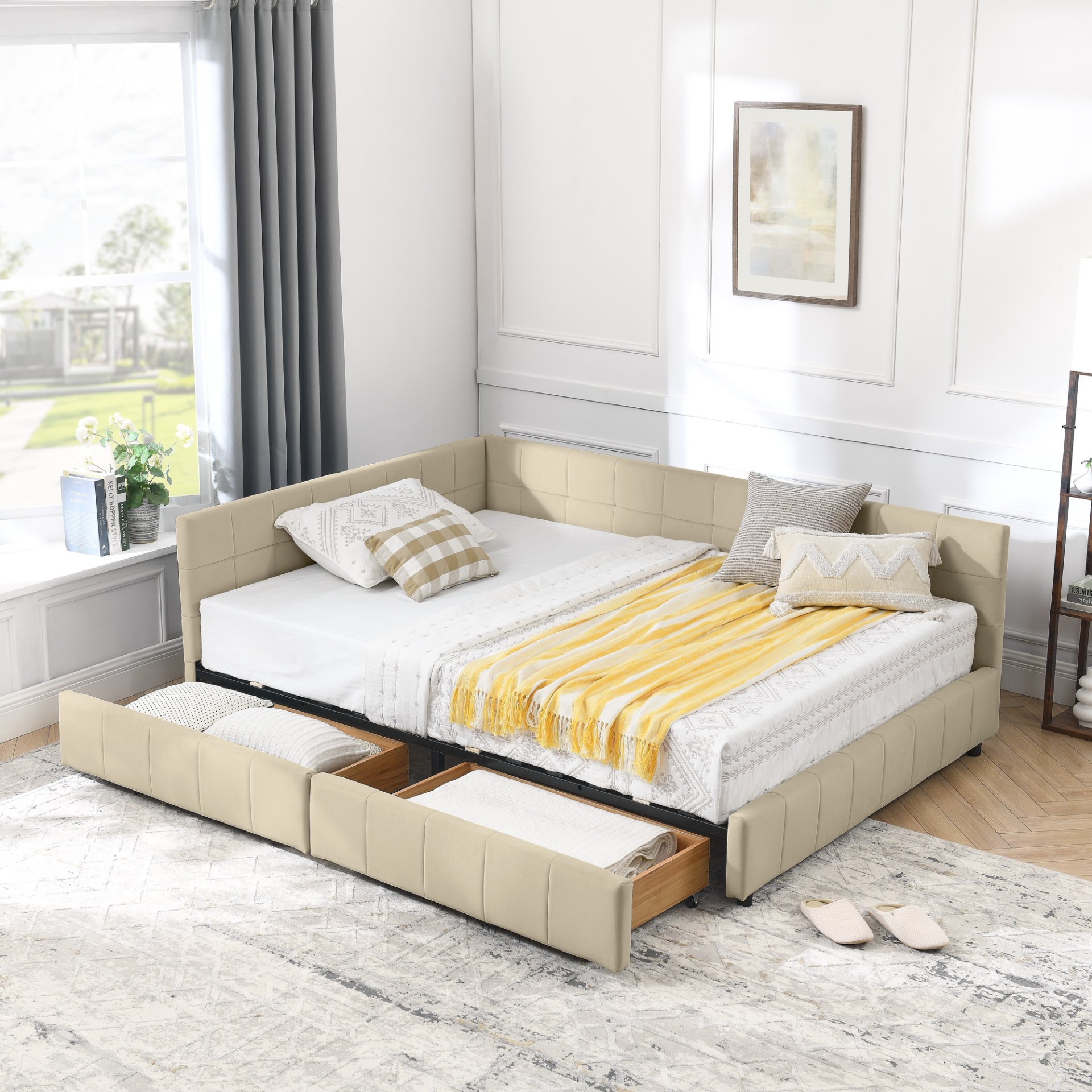 Mid Century Full Size Storage Upholstered Tufted Bed Frame With Backrest And Armrests Velvet - Beige - Image 4
