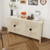 4 Door Sideboard, Carved Sideboard Buffet Cabinet With Storage, Modern Coffee Bar Cabinet With Adjustable Shelf For Living Room, Dining Room, Kitchen - Natural - Image 4