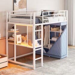 Twin Size Loft Bed With Desk, Shelves, Power Outlet, LED Light And Wardrobe - White