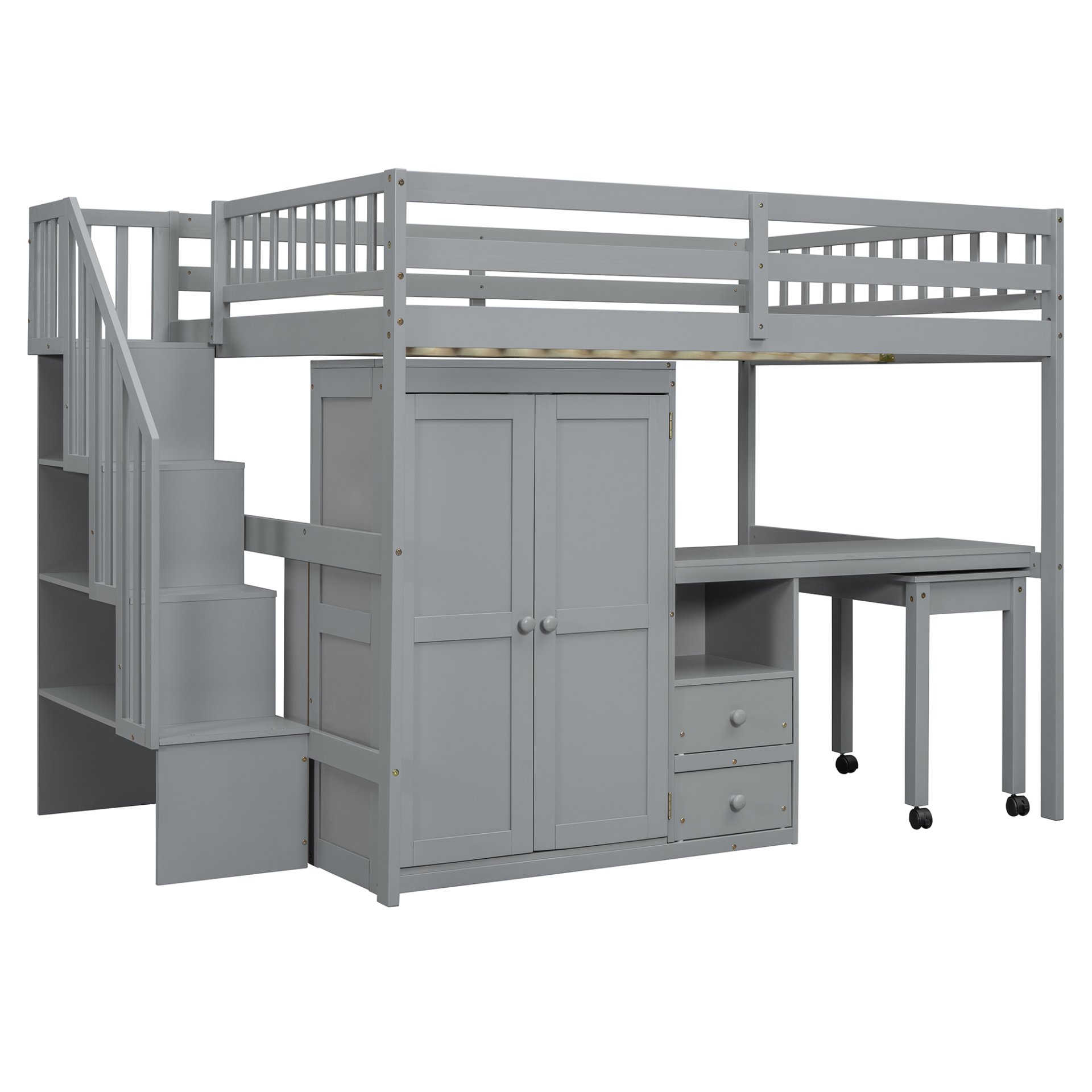 Full Size Loft Bed With Stairs, Bookshelf, Drawers, Desk & Wardrobe, Space Saving Multifunctional Furniture - Gray - Image 18