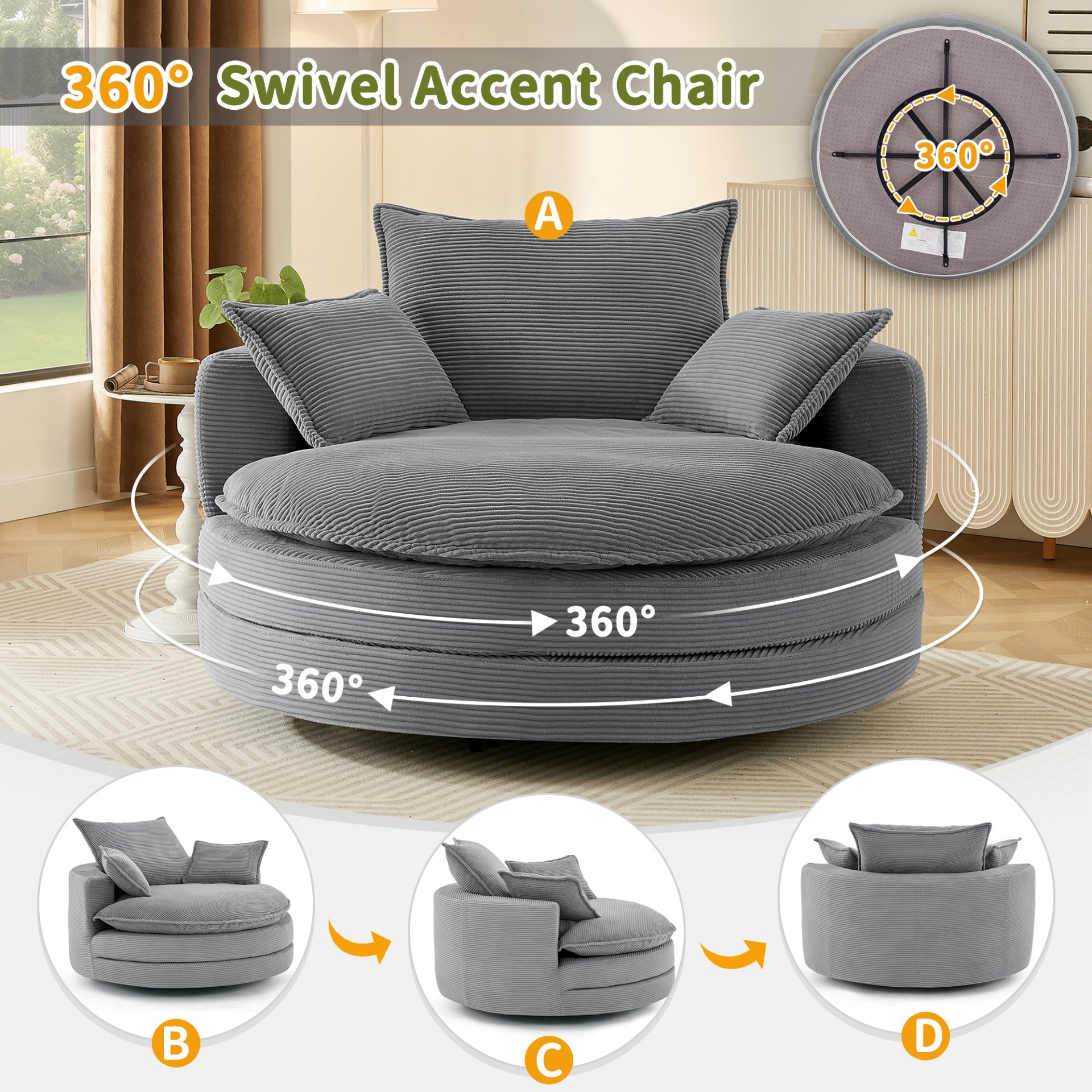 360° Swivel Sofa Chair Accent Barrel Chair With Dual Layer Cushion And 3 Removable Pillows, Corduroy - Gray - Image 5