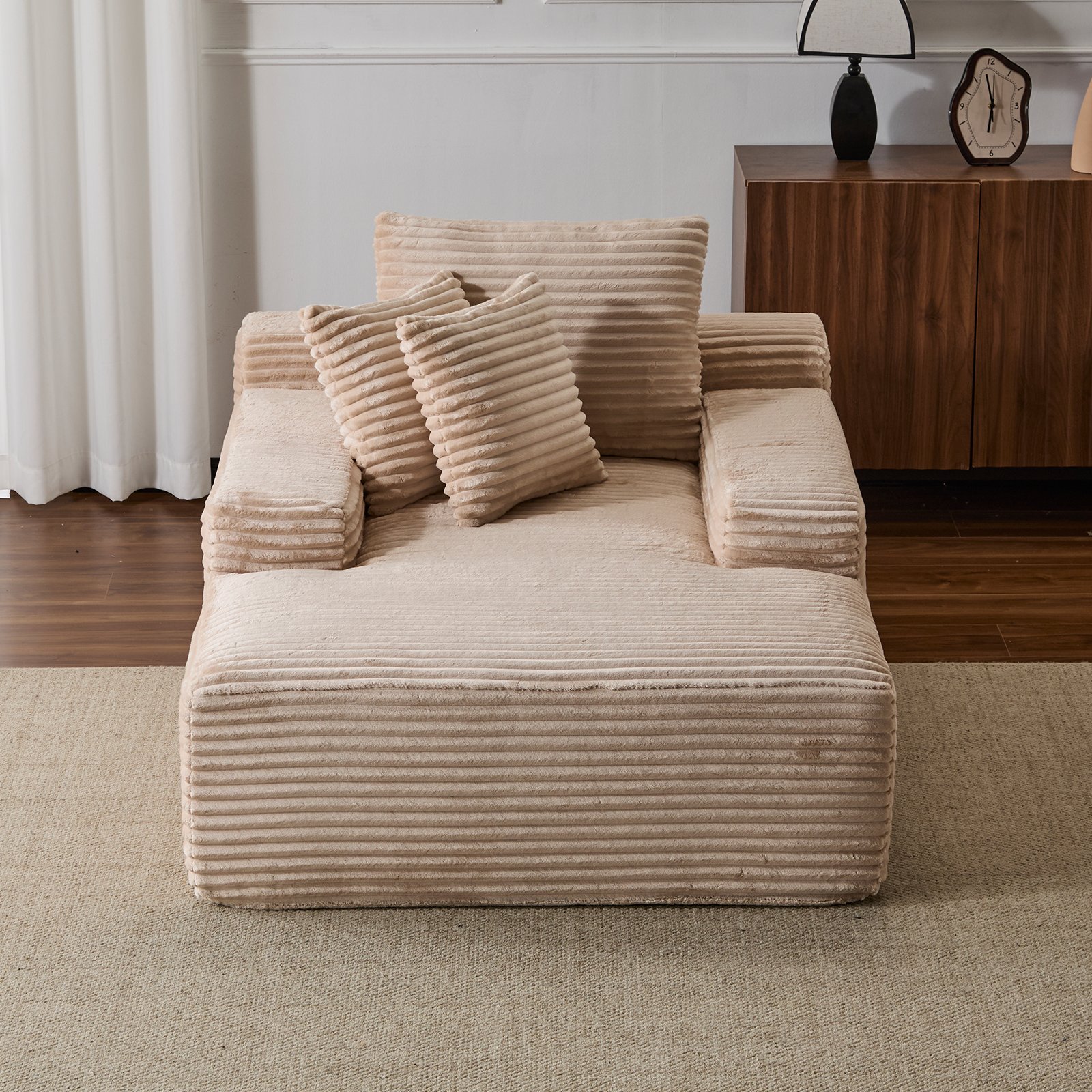 Oversized Chaise Lounge Chair Cozy Cloud Couch, Plush Corduroy Upholstered Sleeper Sofa Daybed With 3 Throw Pillows And Wide Armrest For Living Room - Beige - Image 4