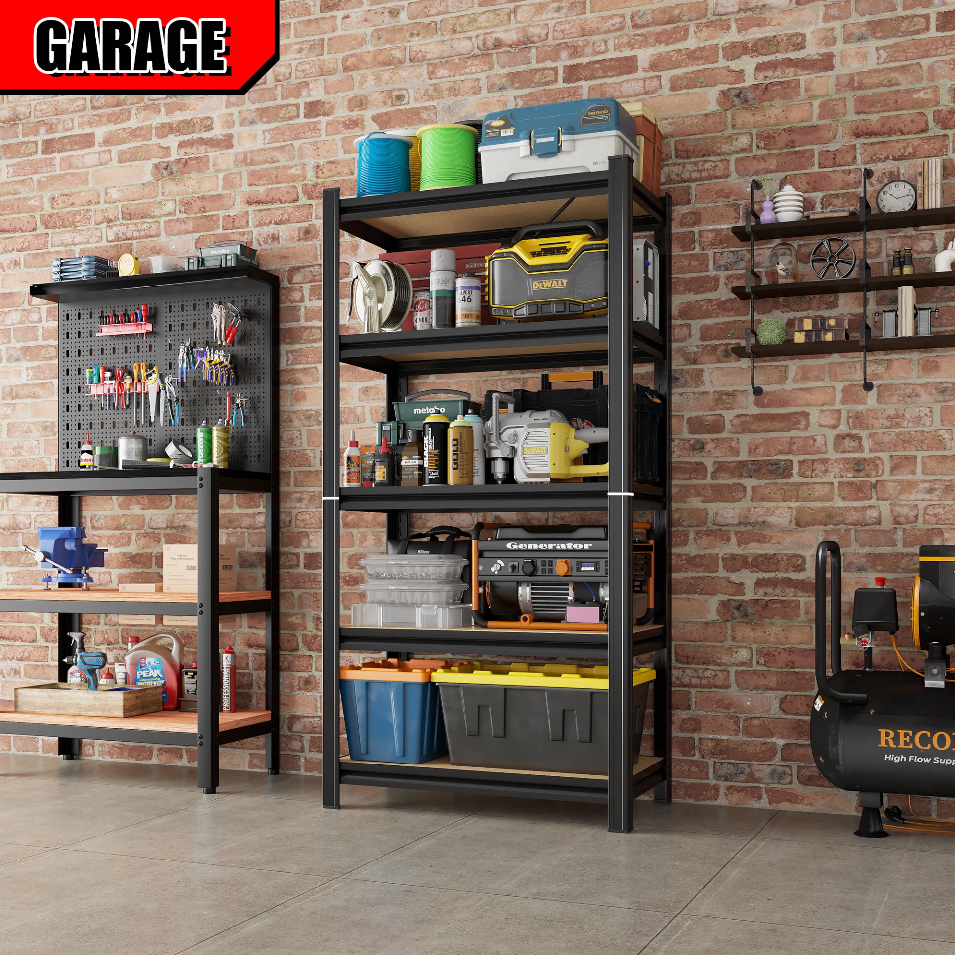 5 Tier Storage Rack, Adjustable Height Shelving, Warehouse Supermarket Basement Storage - Black - Image 2