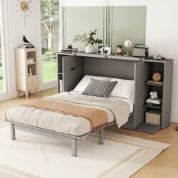 Full Size Murphy Bed With Shelves, Drawers And USB Ports - Gray