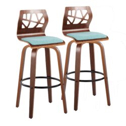 Folia - Mid-Century Modern Fixed Height Barstool With Swivel With Round Footrest (Set of 2) - Walnut / Teal