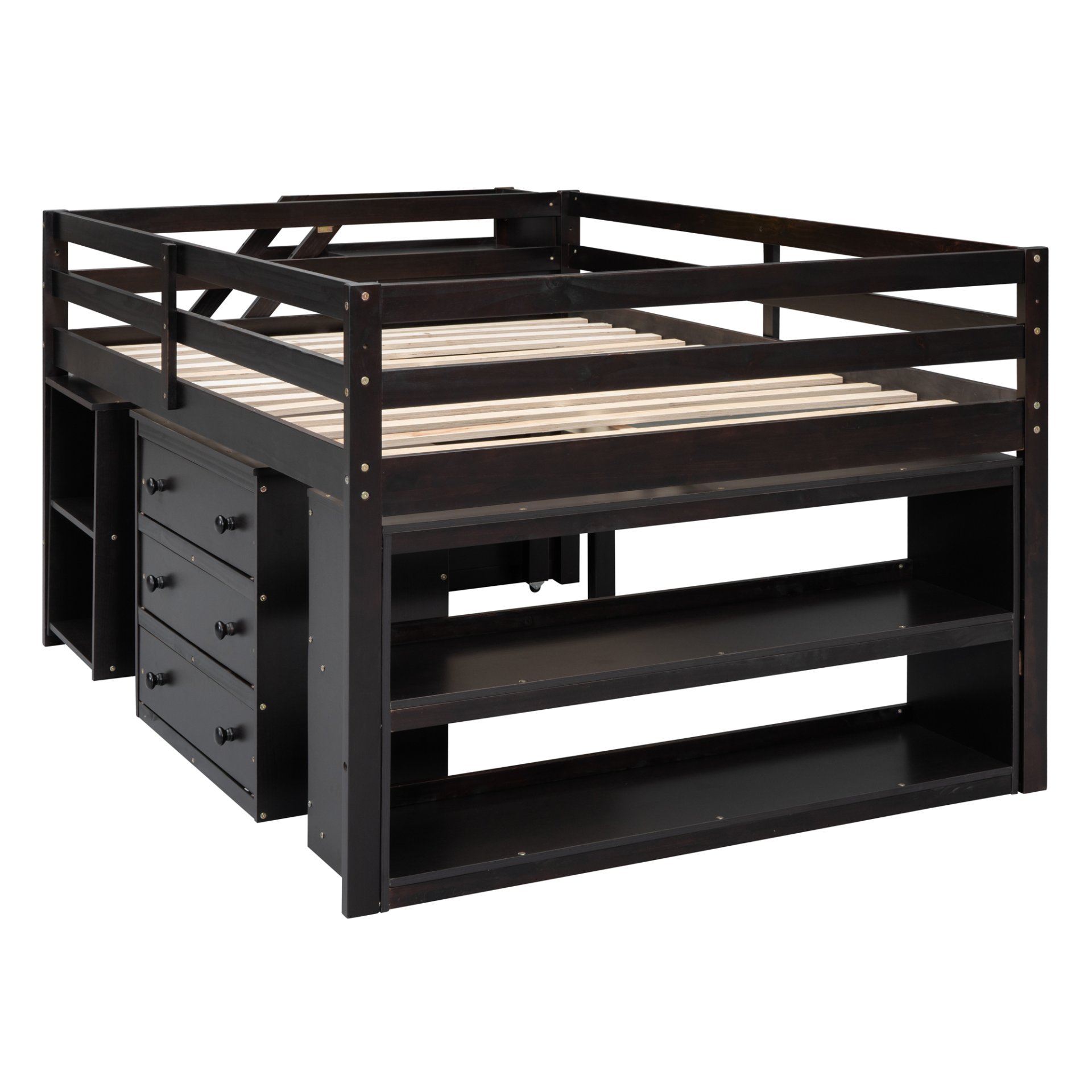 Full Size Loft Bed With Retractable Writing Desk And 3 Drawers With Storage Stairs And Shelves - Espresso - Image 18