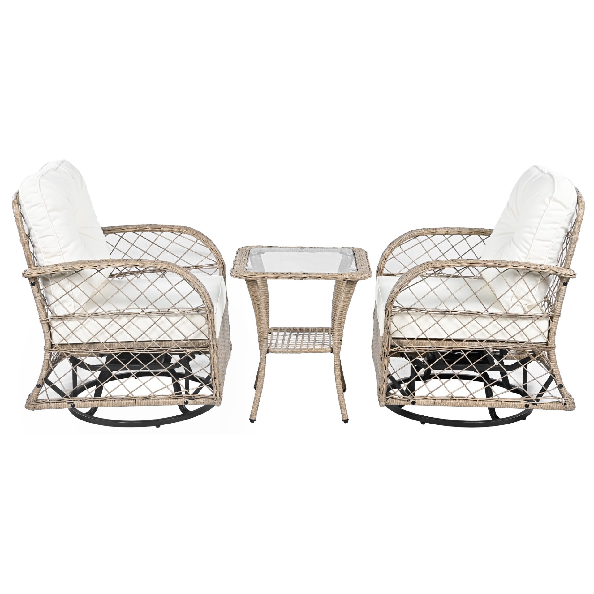 3 Piece Outdoor Chair & Table Set Chat Set 2 Person Rattan Seating Group With 2 Swiveling And Rocking Chairs And A Square Table For Garden, Patio, Or Balcony - Natural - Image 18