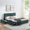Modern Queen Size Cushioned Bed Frame With Headboard And Drawers And Velvet - Blue / Green - Image 4