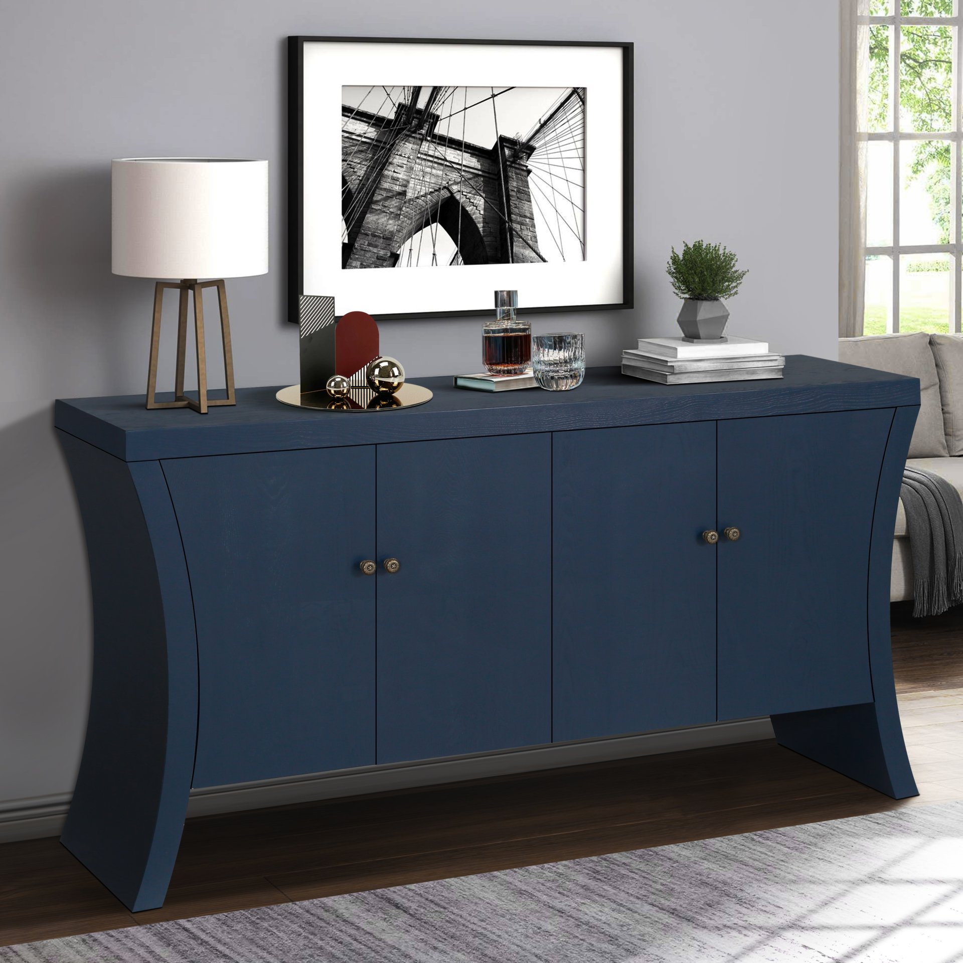 Refined Industrial 4 Door Credenza With Wooden Arc Legs & Bronze Clasps, Advanced Storage Design - Navy Blue - Image 4