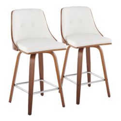 Gianna - Mid-Century Modern Fixed Height Counter Stool With Swivel With Square Footrest (Set of 2) - Walnut / Light White