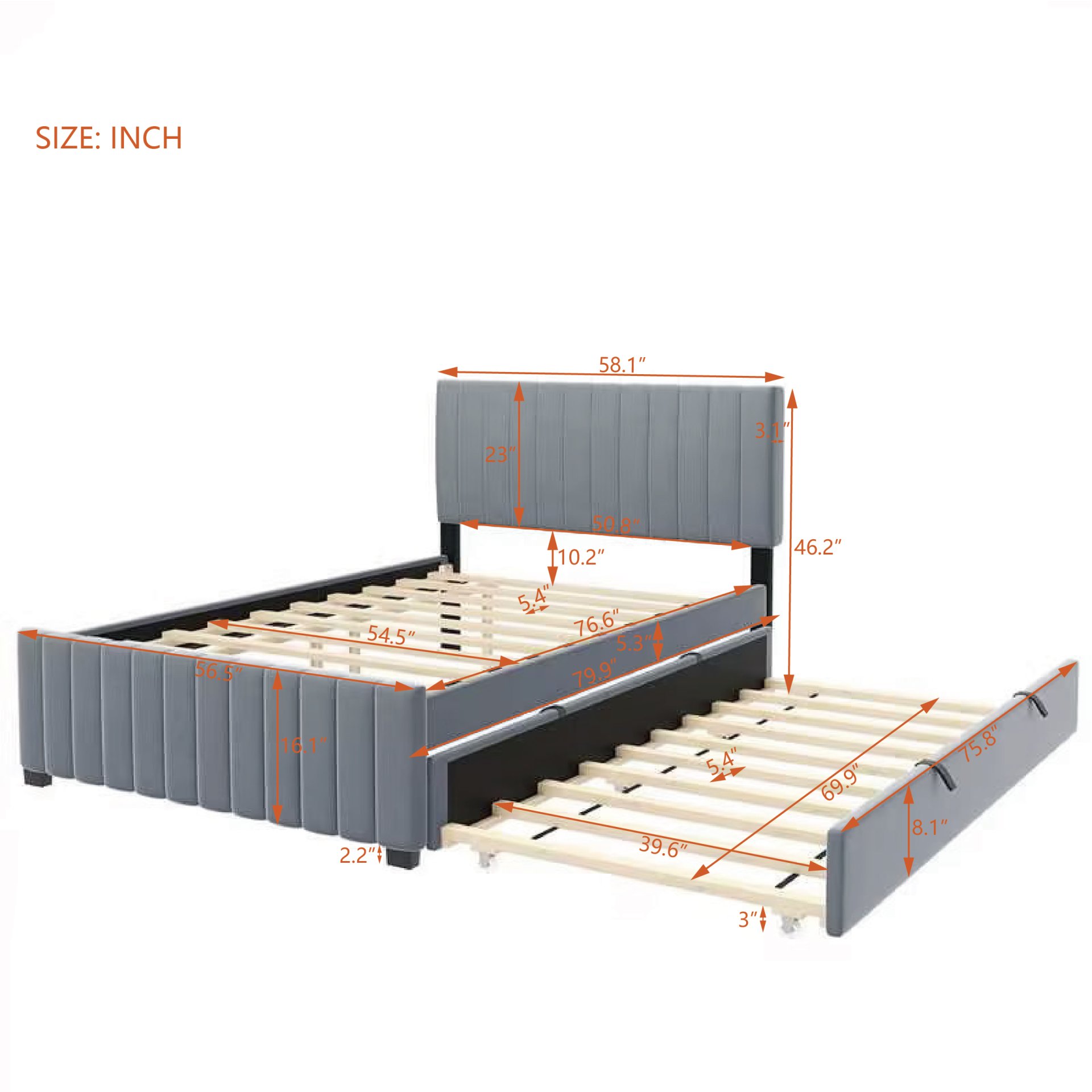 Full Size, Upholstered Platform Bed With Twin Size Trundle, Elegant Design - Gray - Image 3