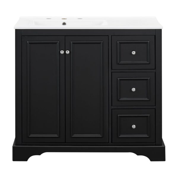 36'' Transitional Bathroom Vanity With Sink, Soft Close Doors, Adjustable U Shaped Shelf, 3 Drawers Including Divided Drawer - Black