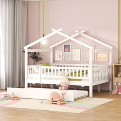 Full Size House Bed With Twin Size Trundle - White