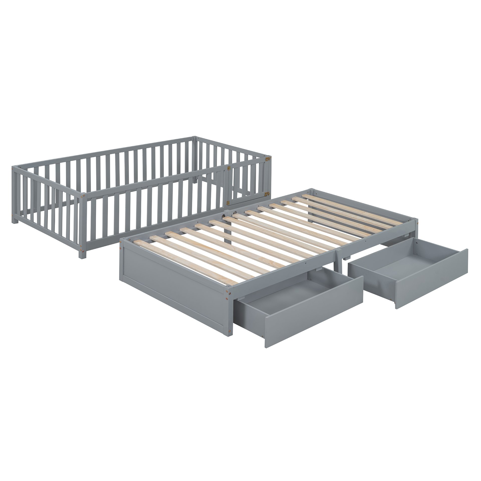 Twin Size Daybed With Fence Guardrails And 2 Drawers, Split Into Independent Floor Bed & Daybed - Gray - Image 9