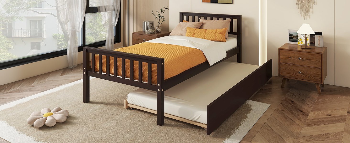 Twin Bed With Trundle, Platform Bed Frame With Headboard And Footboard, For Bedroom Small Living Space, No Box Spring Needed - Espresso - Image 7