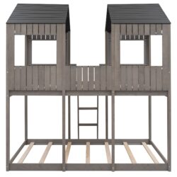 Full Over Full Bunk Bed With Roof, Window, Guardrail, Ladder - Antique Gray