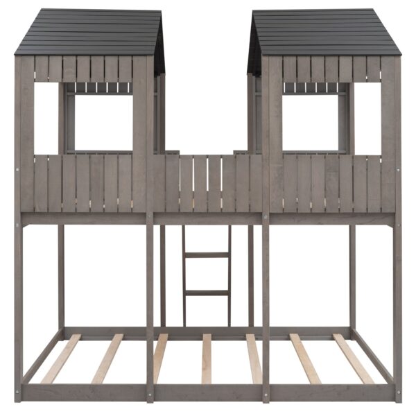 Full Over Full Bunk Bed With Roof, Window, Guardrail, Ladder - Antique Gray