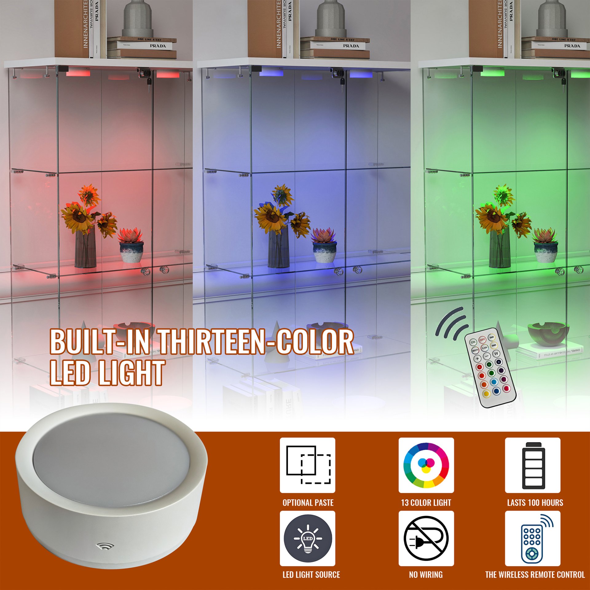 Glass Display Cabinet With LED Lights, Tempered Glass Doors, Large Drawers, 2 Door Storage Case With 4 Shelves - Natural / White - Image 22