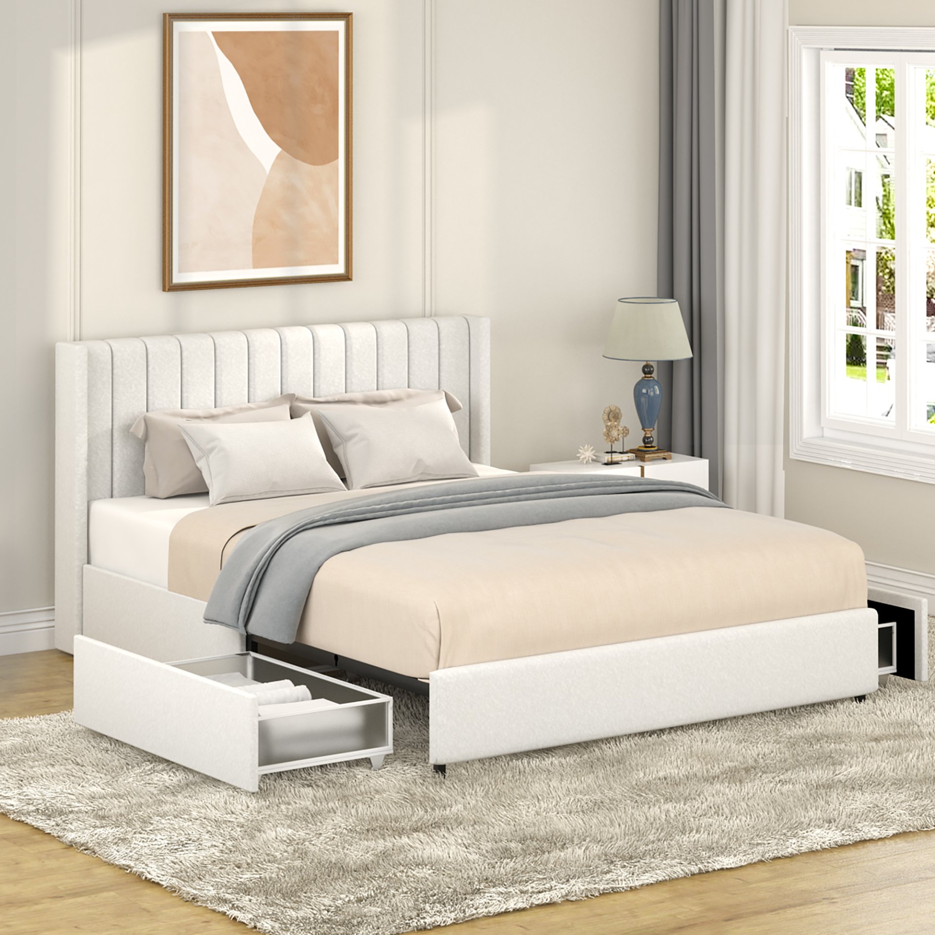 Anda - Queen Patented 2 Drawers Upholstered Storage Bed - Ivory Boucle - Image 5
