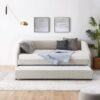 Full Size Elegant Upholstered Tufted Sofa Bed With Trundle, Linen Fabric - Beige - Image 10
