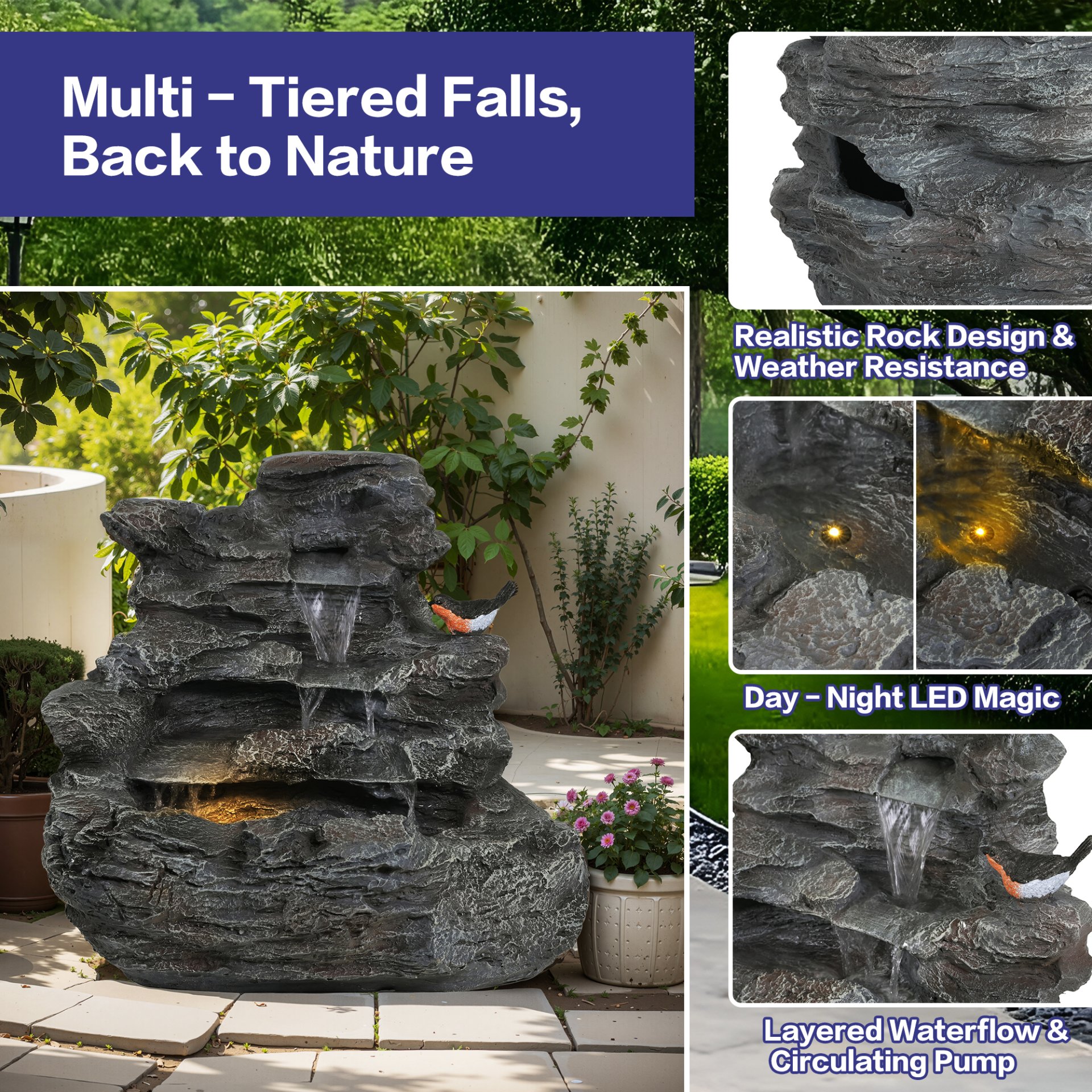 4 Tiered Rock Waterfall Fountain With LED Lights, Outdoor Garden Decor, Weather Resistant - Gray - Image 4