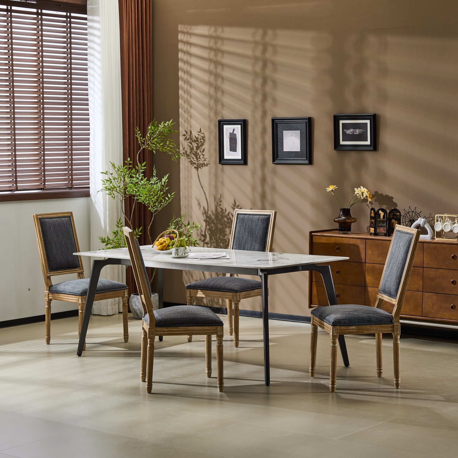 Vintage Inspired (Set of 4) French Country Dining Chairs With Elegant Cane Backrest & Upholstered Seats Rustic Weathered Frame - Blue Gray - Image 4