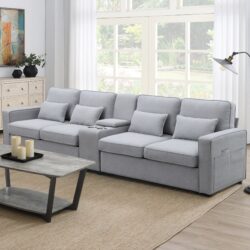 Upholstered Sofa With Console, 2 Cupholders And 2 USB Ports Wired Or Wirelessly Charged, Modern Linen Fabric Couches With 4 Pillows (4 Seat) - Light Gray