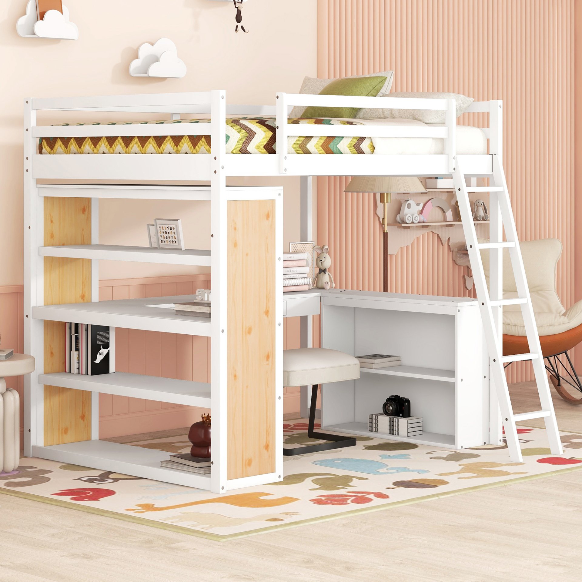 Full Size Loft Bed With Ladder, Shelves, And Desk - White - Image 3