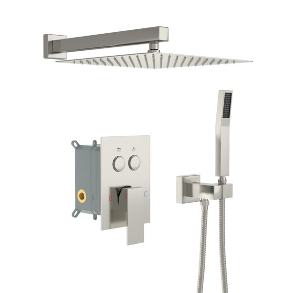 Dual Shower Head System With Square Rain Shower And Rough In Valve - Brushed Nickel