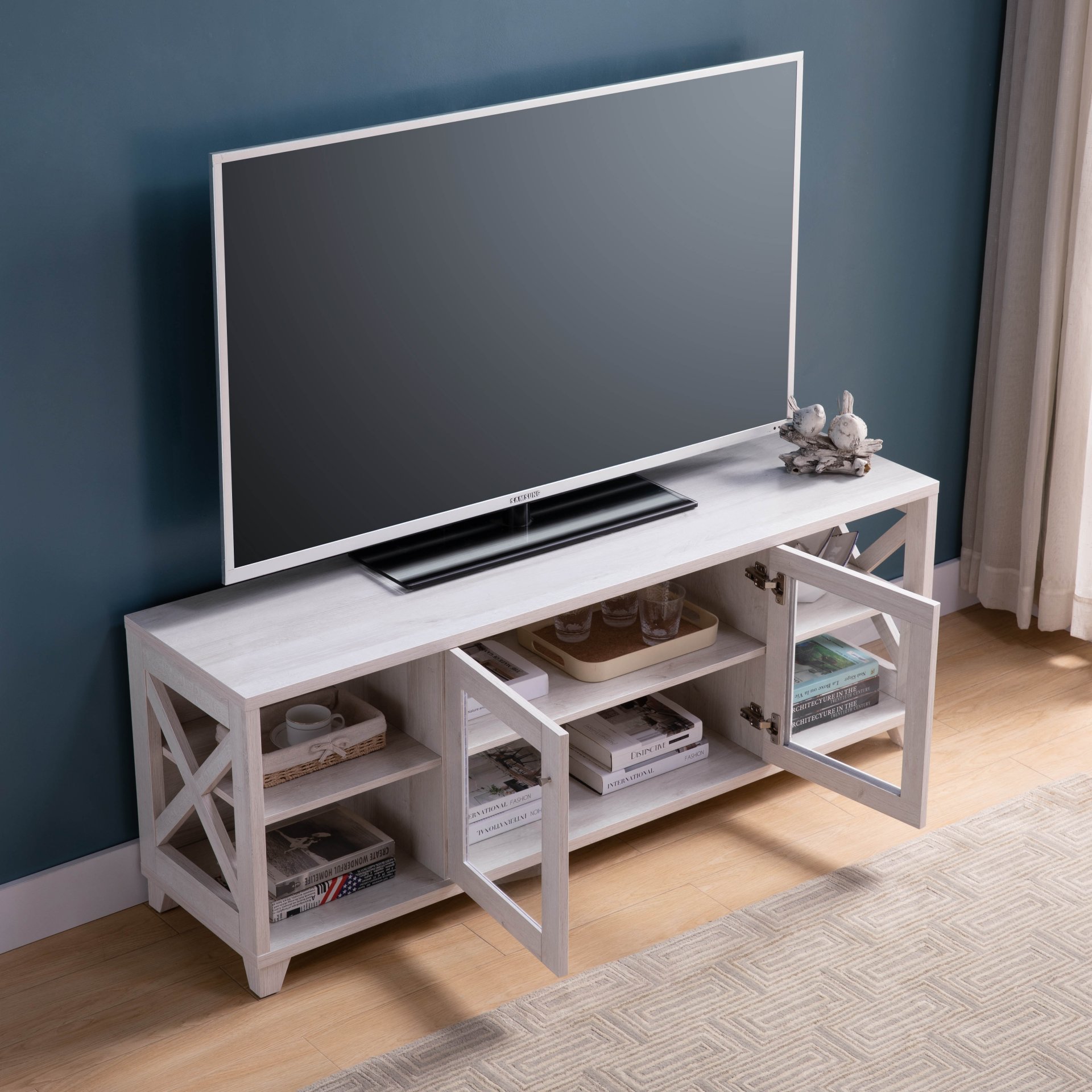 Farmhouse Home Entertainment Center, TV Stand With 4 Shelves And Transparent Center Cabinet - White Oak - Image 2