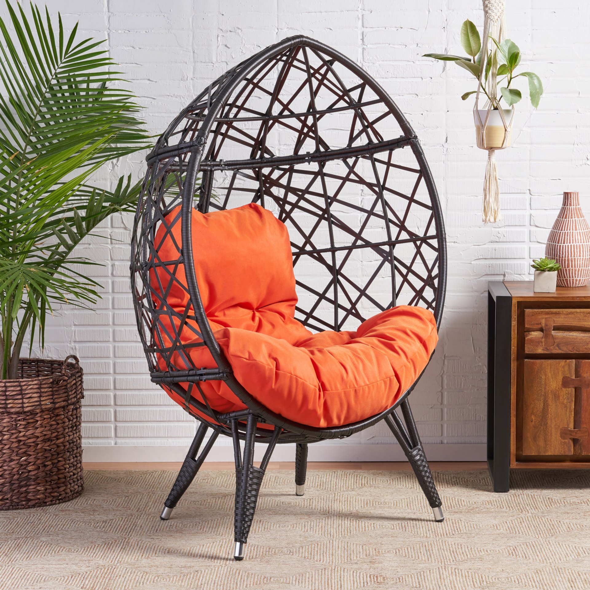 Outdoor Wicker Teardrop Chair With Cushion - Orange / Brown - Image 2