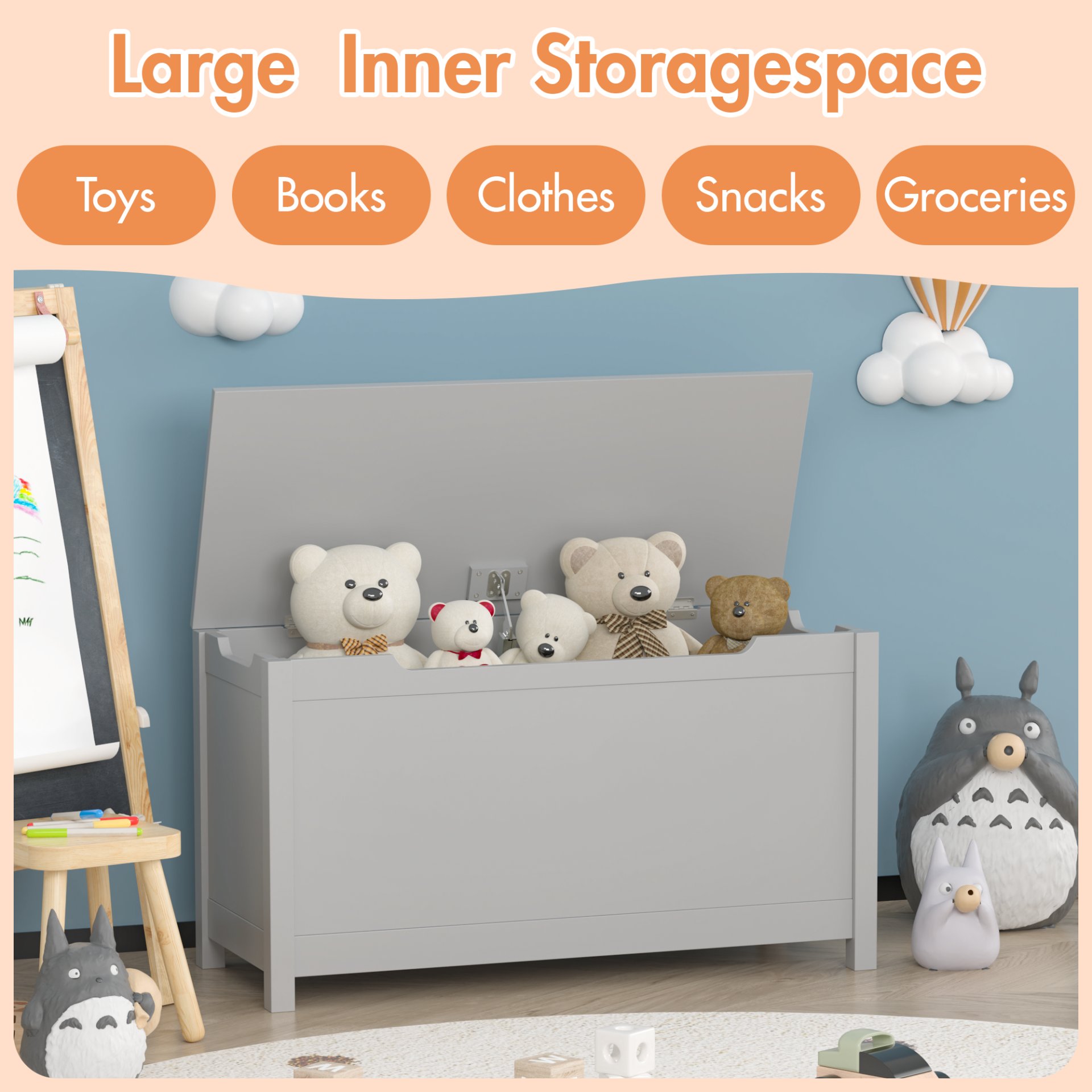 Kids Wooden Toy Box Storage With Safety Hinged Lid For Ages 2+ - Gray - Image 12