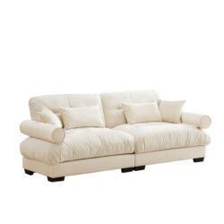 Modern Velvet 2 Seater Sofa With Bolstered Armrests And Pillows - Cream