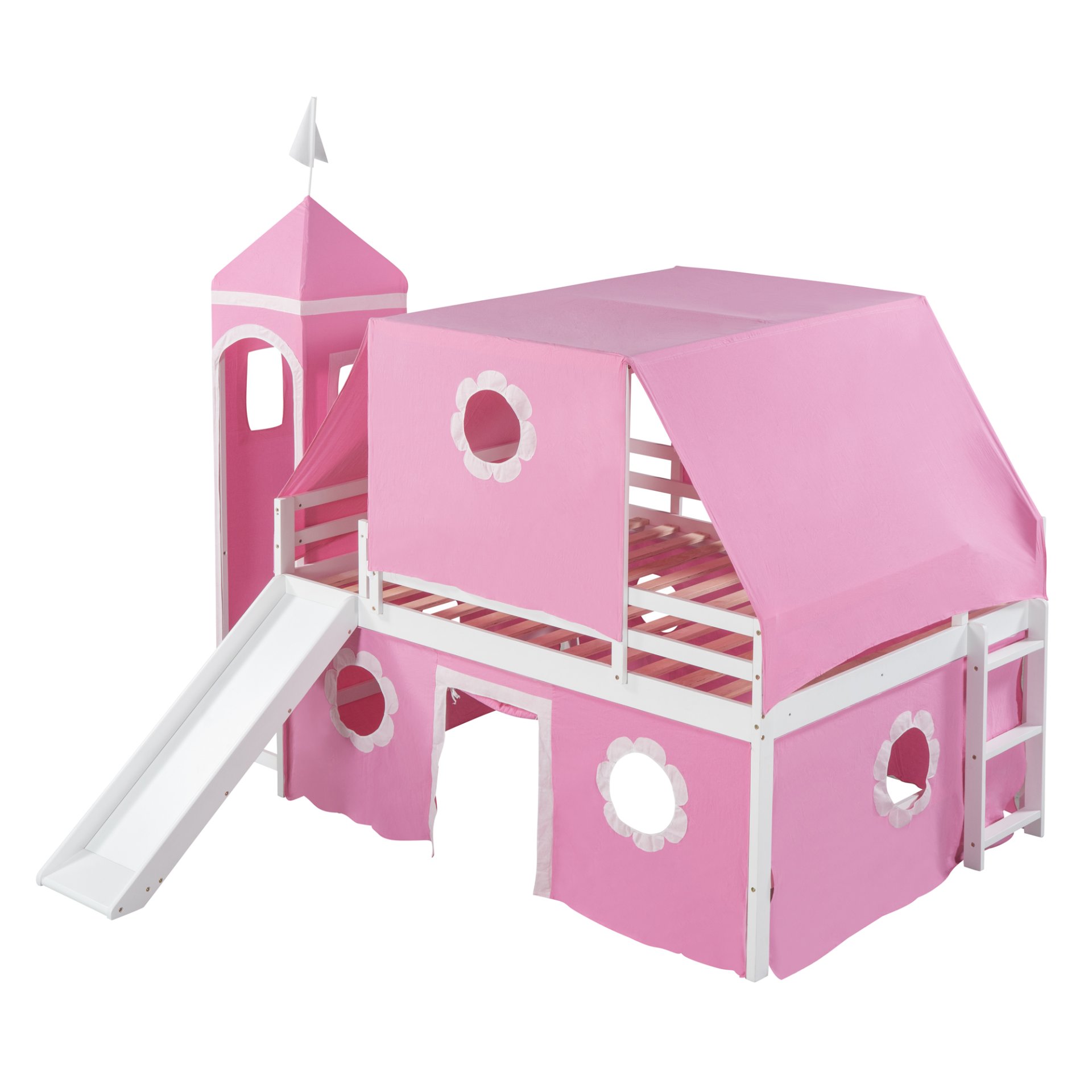 Full Size Loft Bed With Slide And Tent Tower Space Saving Fun Design For Kids - Pink - Image 7