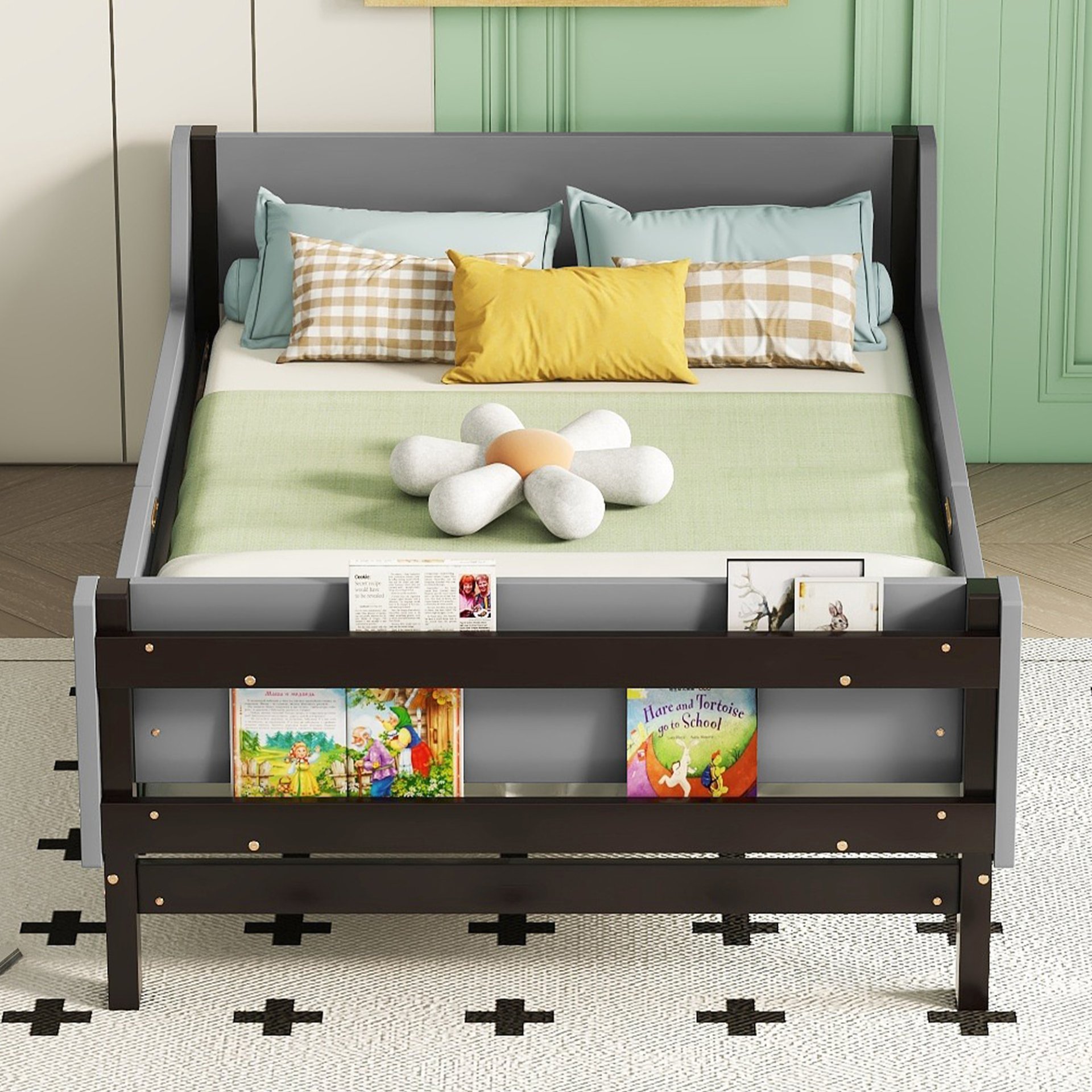 Twin Bed With Headboard, Footboard, Safeguards, Built-In Bed-End Book Storage Rack - Gray - Image 3