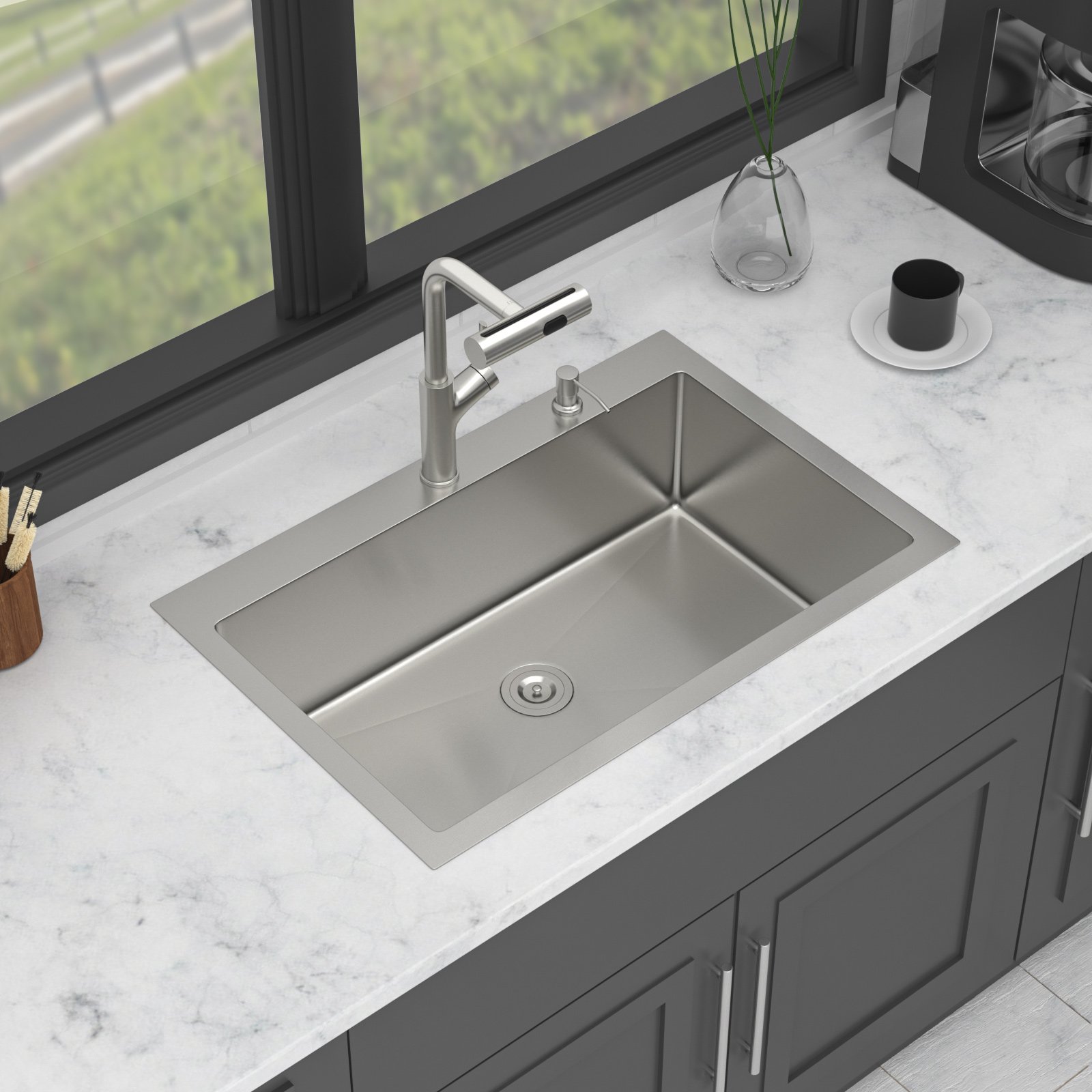 30" Single Bowl Drop In Kitchen Sink With Pull Out Faucet And Soap Dispenser - Brushed Nickel - Image 5