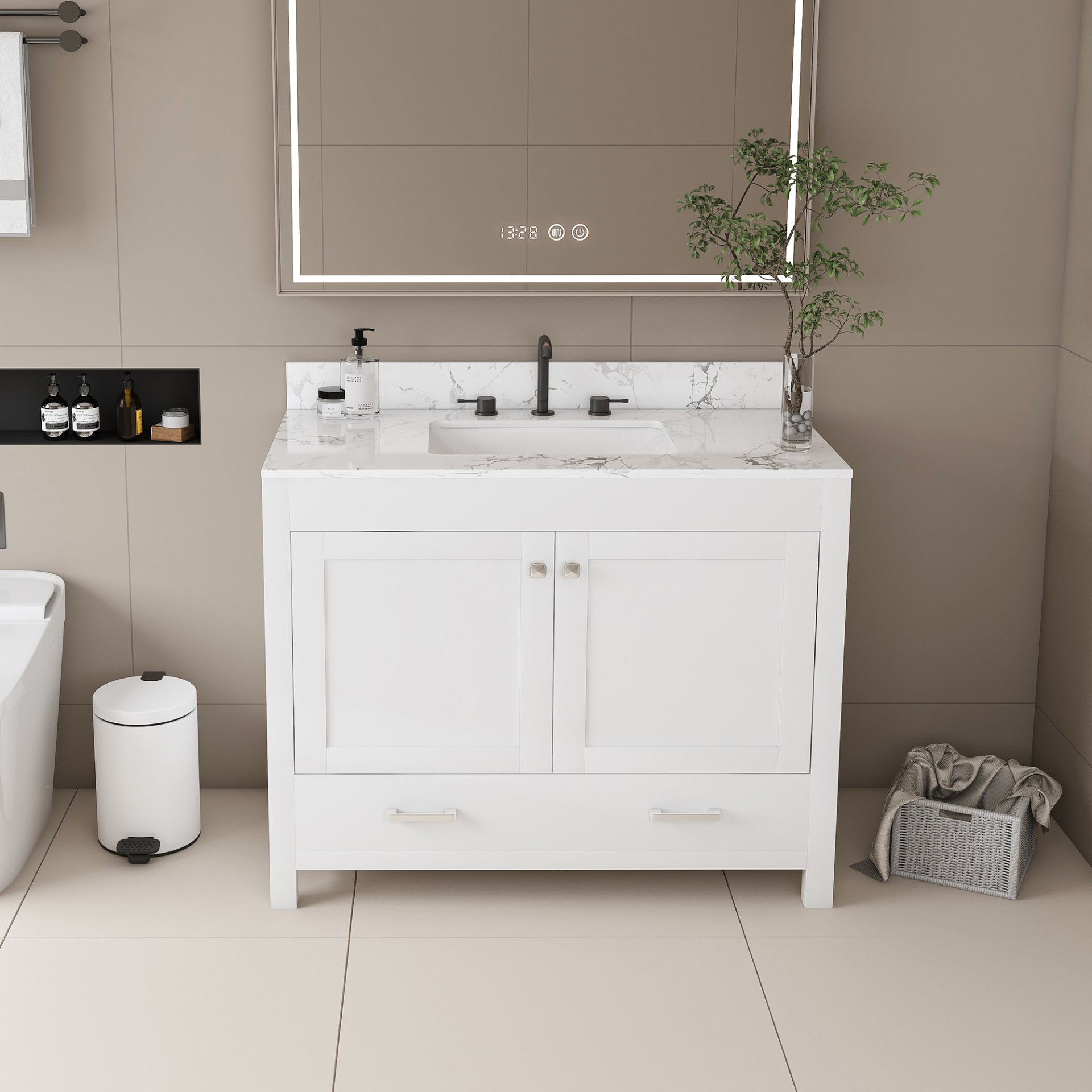 43" Bathroom Vanity With Artificial Marble Carrara Top Set, Multi Functional Bathroom Cabinet With Doors And Drawer - White - Image 2