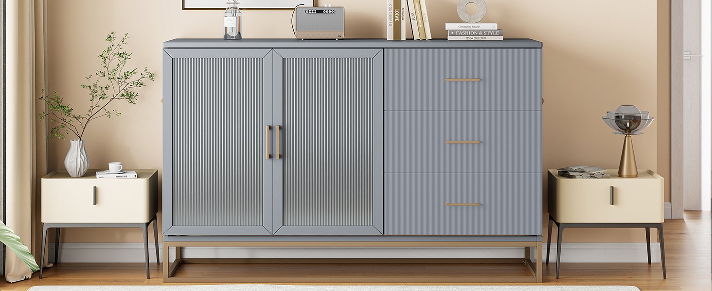 Queen Murphy Bed With Frosted Glass Doors Design, Fake Drawers, Metal Legs - Gray - Image 21