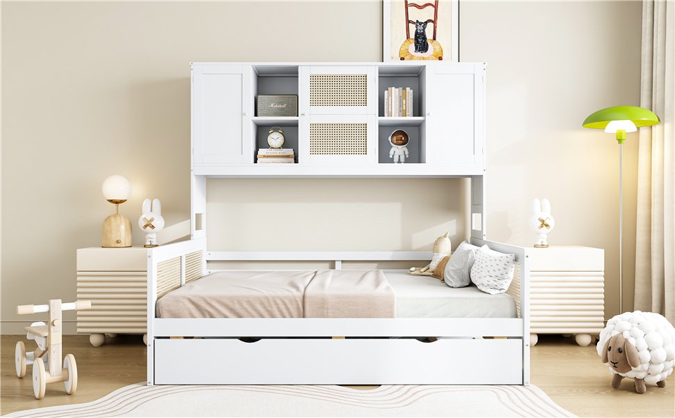 Full Size Wooden Daybed & Twin Size Trundle, And All In One Cabinet And Shelf - White - Image 3