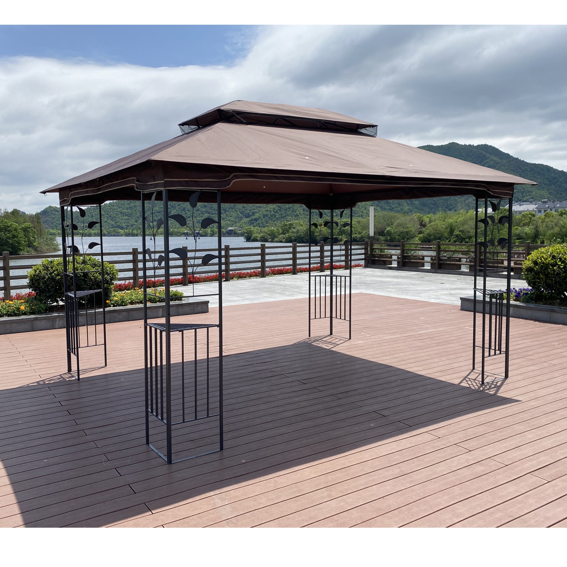 13 X 10 Ft Patio Gazebo Tent With Ventilated Double Roof And Mosquito Net - Brown - Image 12