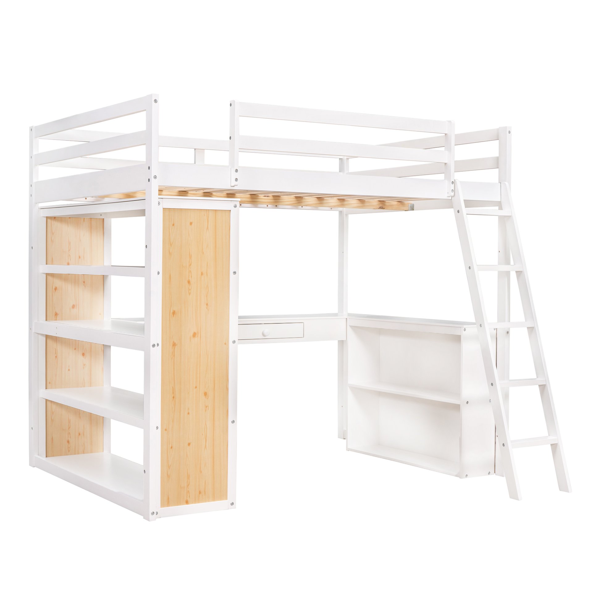 Full Size Loft Bed With Ladder, Shelves, And Desk - White - Image 4